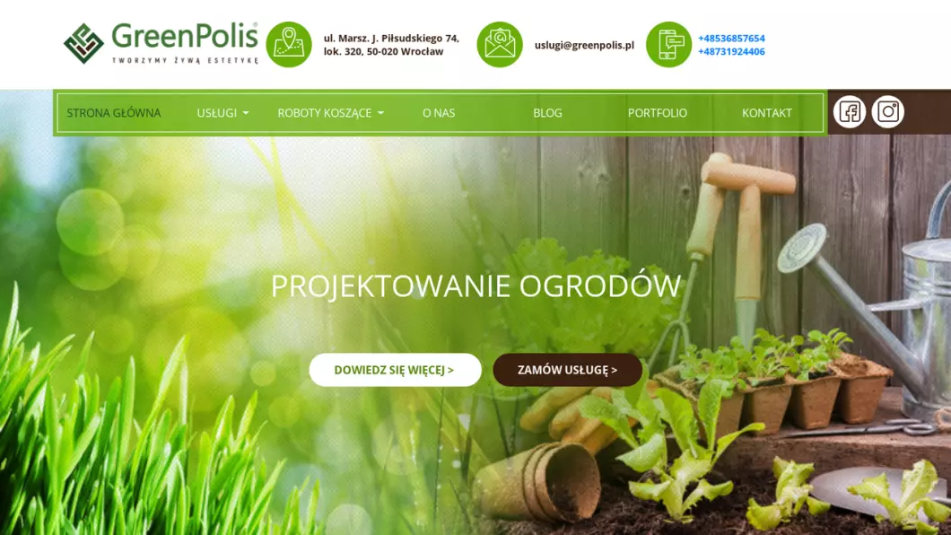 Zrzut ekranu strony Projektowanie i zakładanie ogrodów GreenPolis