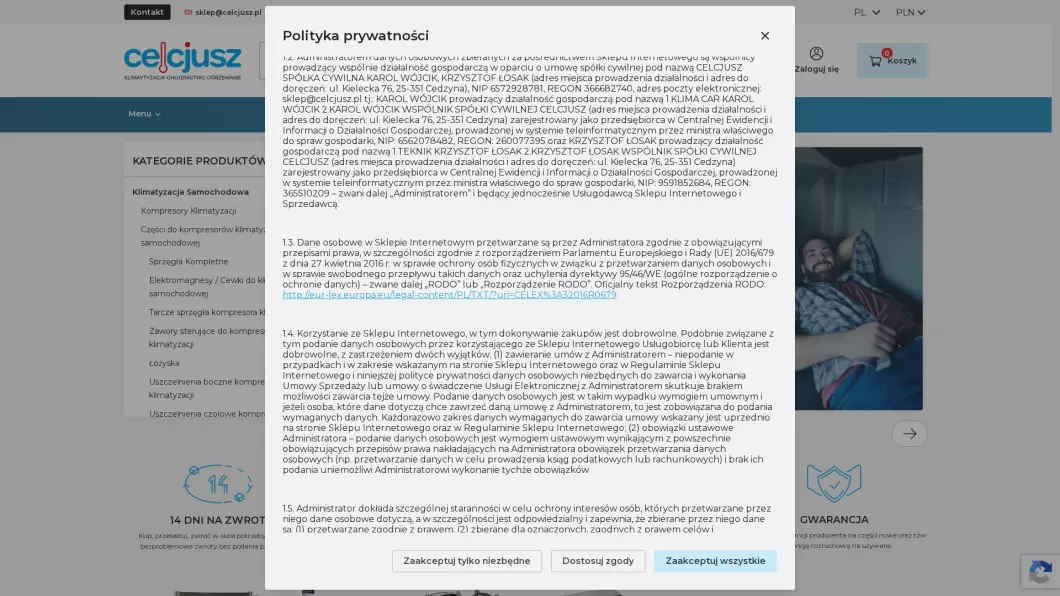 Zrzut ekranu strony Części do klimatyzacji samochodowej | Sklep internetowy Sklepcelcjusz.pl